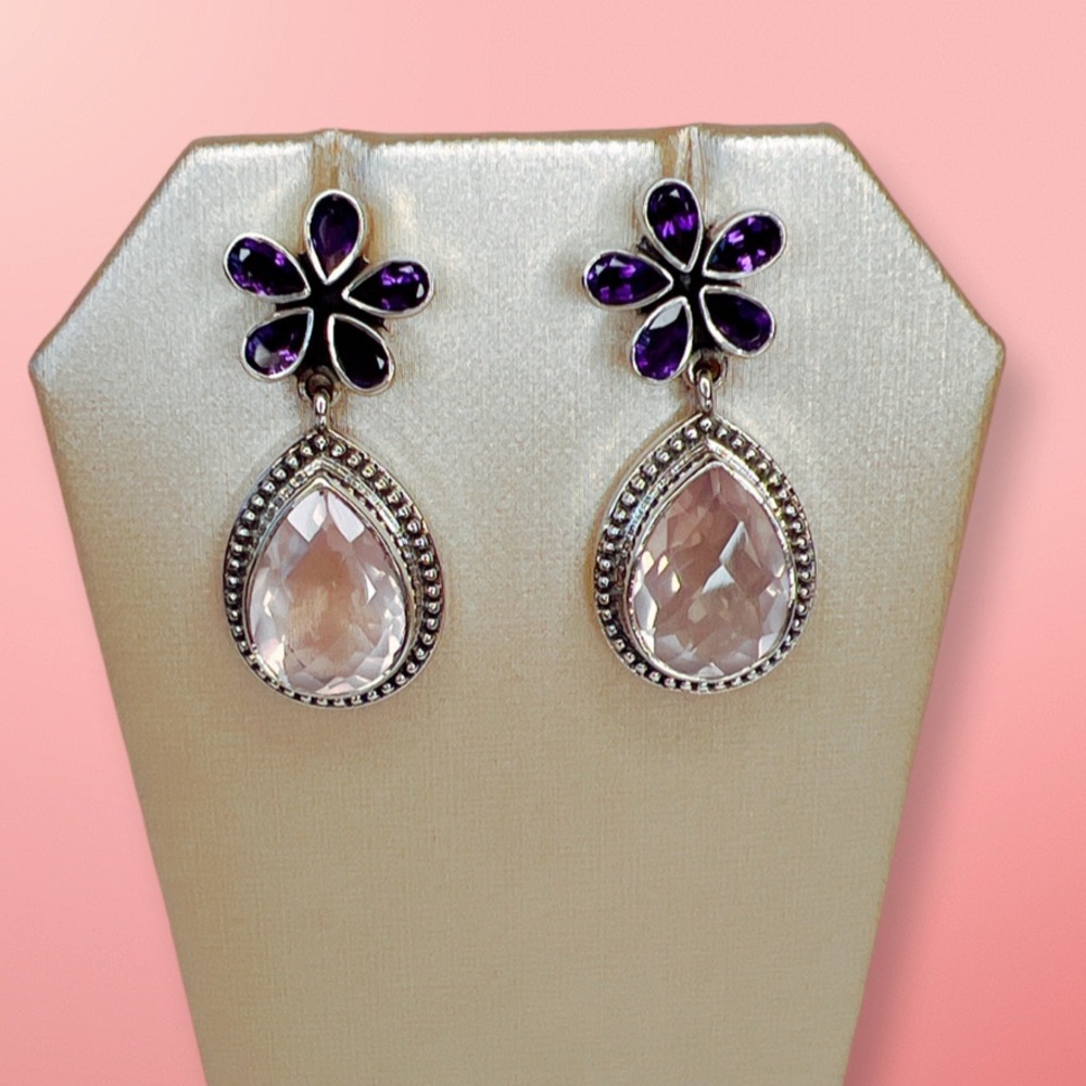 🌟NICKY BUTLER 925 Sterling Silver Rose Quartz Amethyst Pear Drop Earring…